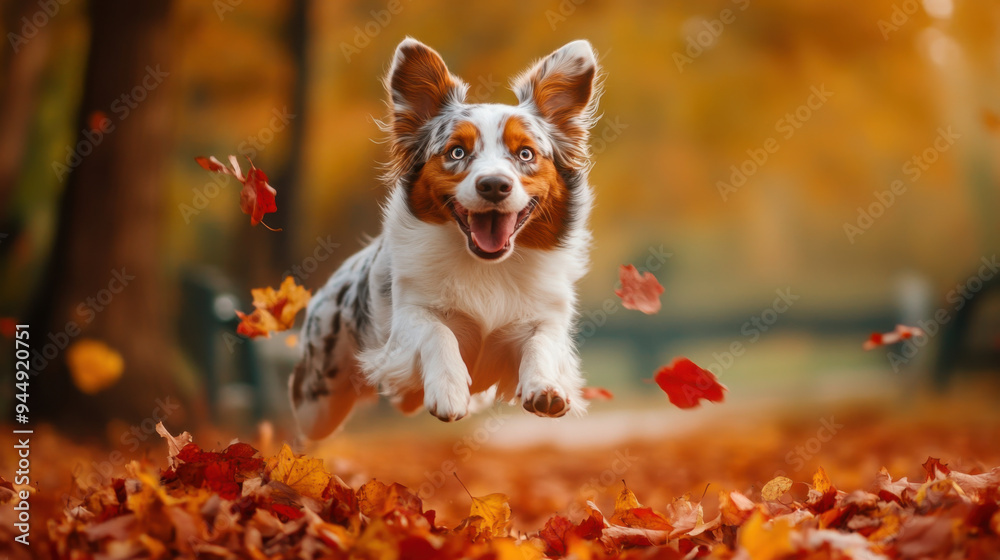 Adorable dog joyfully jumping from a pile of red and yellow leaves in a vibrant autumn park.