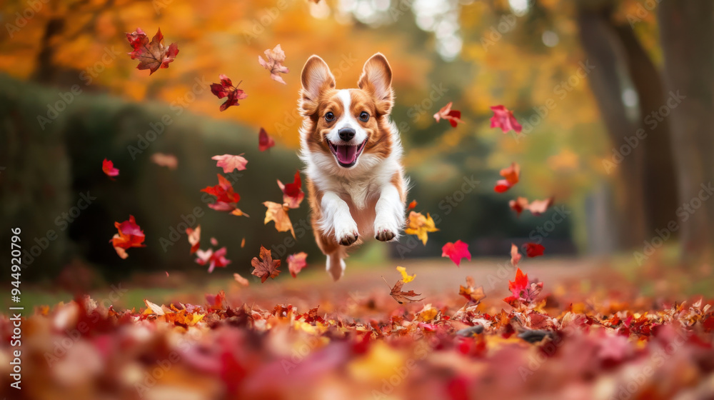 Adorable dog joyfully jumping from a pile of red and yellow leaves in a vibrant autumn park. Adorable dog joyfully jumping from a pile of red and yellow leaves in a vibrant autumn park.