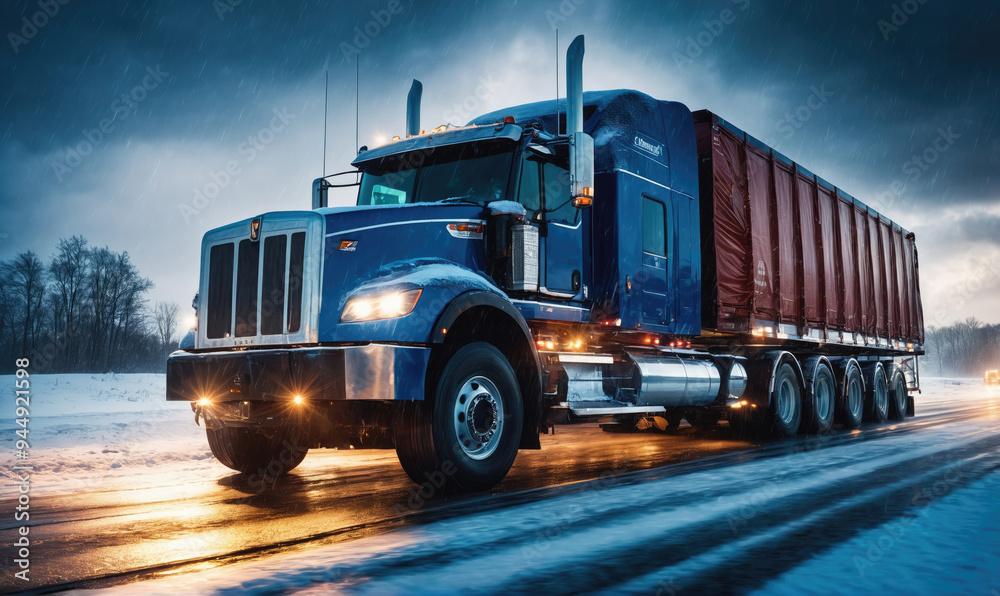 A blue semi-truck drives on a snow-covered road under a cloudy sky A blue semi-truck drives on a snow-covered road under a cloudy sky