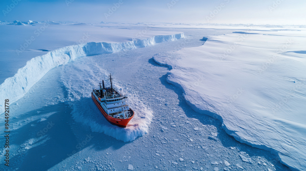 Aerial perspective of a research vessel plowing through the expansive ice fields of the Antarctic, Aerial perspective of a research vessel plowing through the expansive ice fields of the Antarctic,