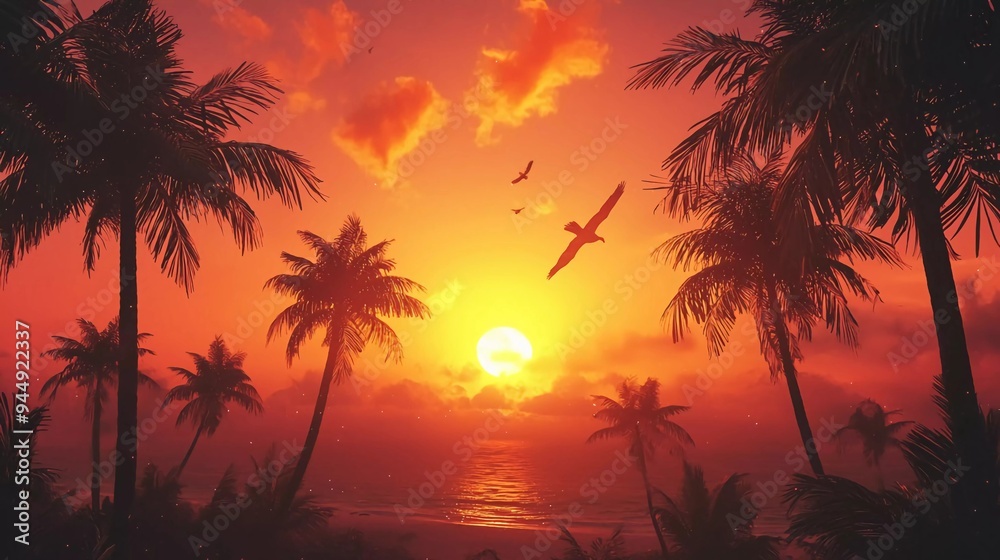 Obraz premium Very beautiful sunset and palm trees