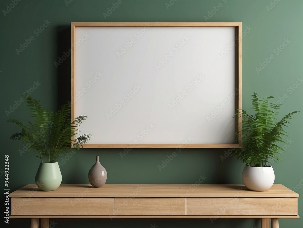 Wooden Console Table with Empty Frame, Plants, and Vases Wooden Console Table with Empty Frame, Plants, and Vases