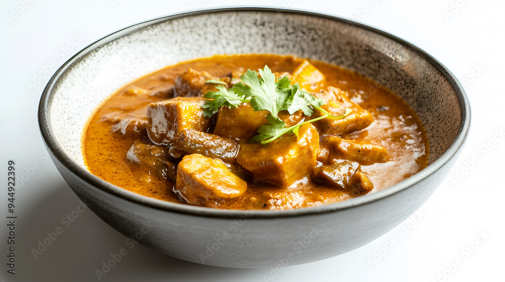 A minimalist presentation of Massaman Curry in a sleek, modern bowl, with the deep A minimalist presentation of Massaman Curry in a sleek, modern bowl, with the deep