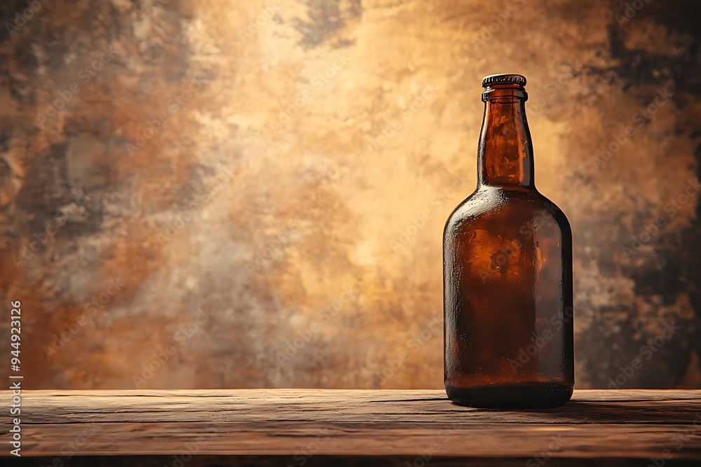 Brown Glass Beer Bottle on Wooden Table Against Rustic Background Photo Brown Glass Beer Bottle on Wooden Table Against Rustic Background Photo