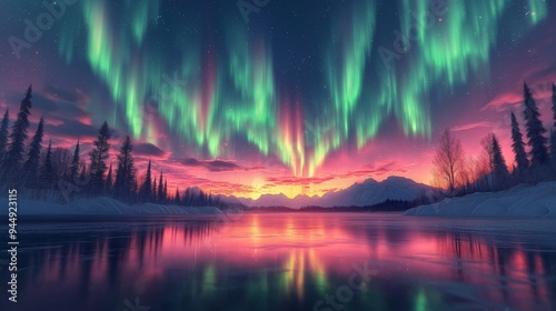Aurora Borealis Over a Snow-Covered Landscape with Reflections on a Frozen Lake, Trees Silhouetted Against a Vibrant Night Sky in a Remote Wilderness