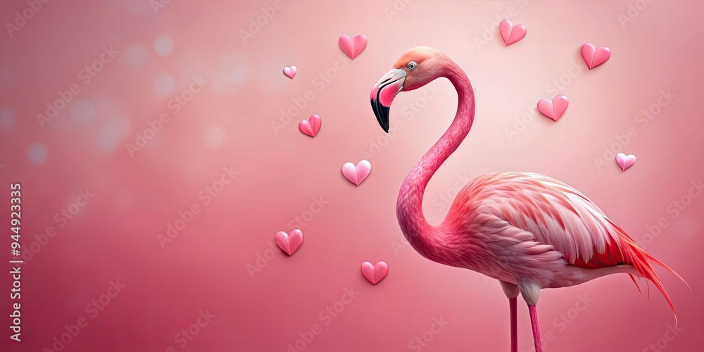 Fototapeta premium Pink flamingo with hearts for Valentine's Day design , flamingo, hearts, pink, love, romantic, Valentine's Day,tropical, bird