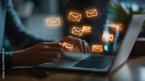 Person working on a laptop at night with glowing email icons hovering above