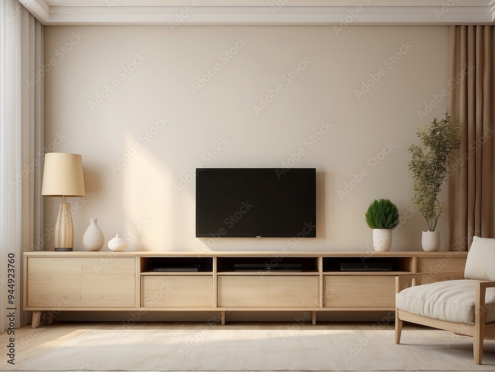 Minimalist Living Room with Wooden Cabinet, TV, and Armchair Minimalist Living Room with Wooden Cabinet, TV, and Armchair