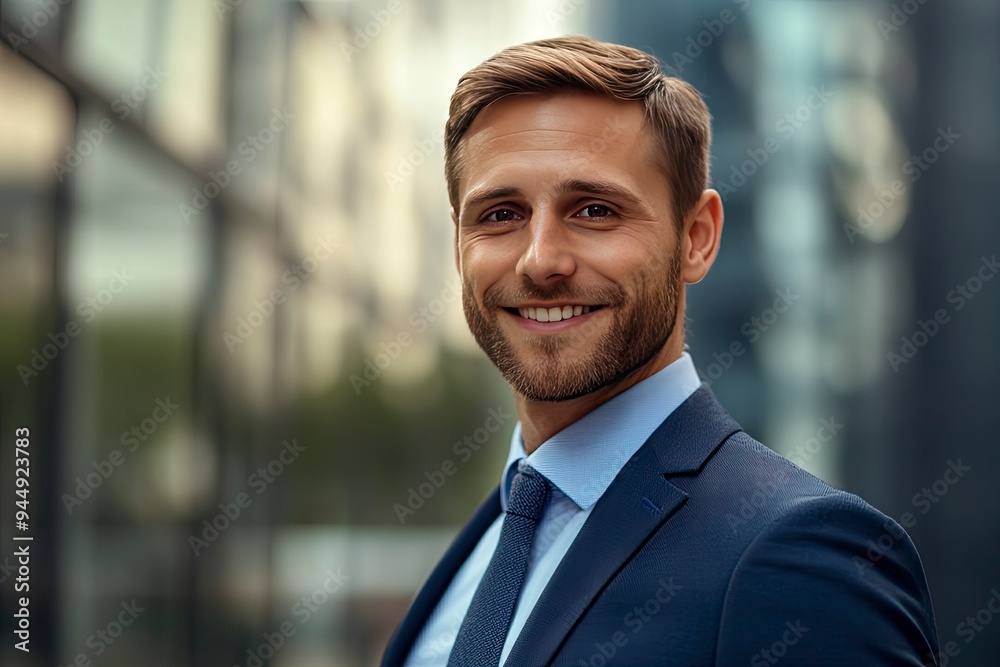 Handsome 30s top manager portrait in formal suit. Successful entrepreneur look camera. Confident business man smile. Young male businessman face. Urban city background. employee work. Office boss, ai Handsome 30s top manager portrait in formal suit. Successful entrepreneur look camera. Confident business man smile. Young male businessman face. Urban city background. employee work. Office boss, ai
