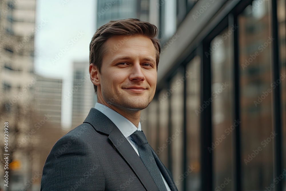 Handsome 30s top manager portrait in formal suit. Successful entrepreneur look camera. Confident business man smile. Young male businessman face. Urban city background. employee work. Office boss, ai Handsome 30s top manager portrait in formal suit. Successful entrepreneur look camera. Confident business man smile. Young male businessman face. Urban city background. employee work. Office boss, ai