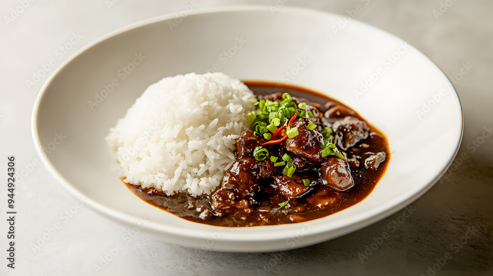 A minimalist presentation of Pad Kra Pao in a modern white bowl A minimalist presentation of Pad Kra Pao in a modern white bowl
