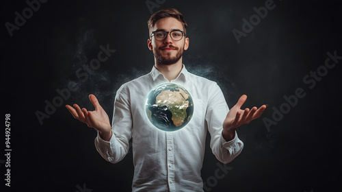 Handsome man with a beard, glasses and a white shirt is seen holding a globe in the middle of a magical pose.