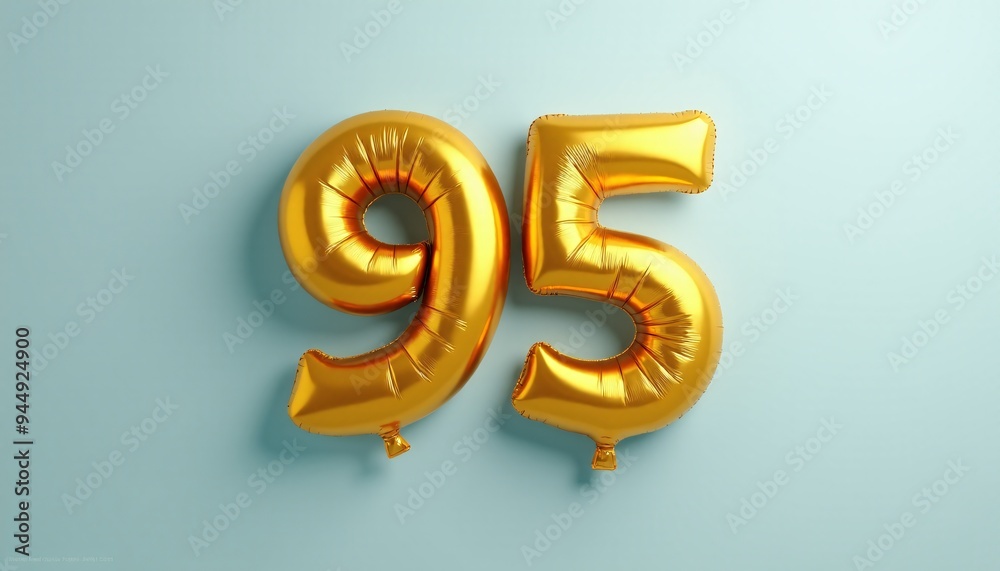 Obraz premium Banner with number 95 golden balloon with copy space. Ninety-fifth birthday celebration on a solid color background.