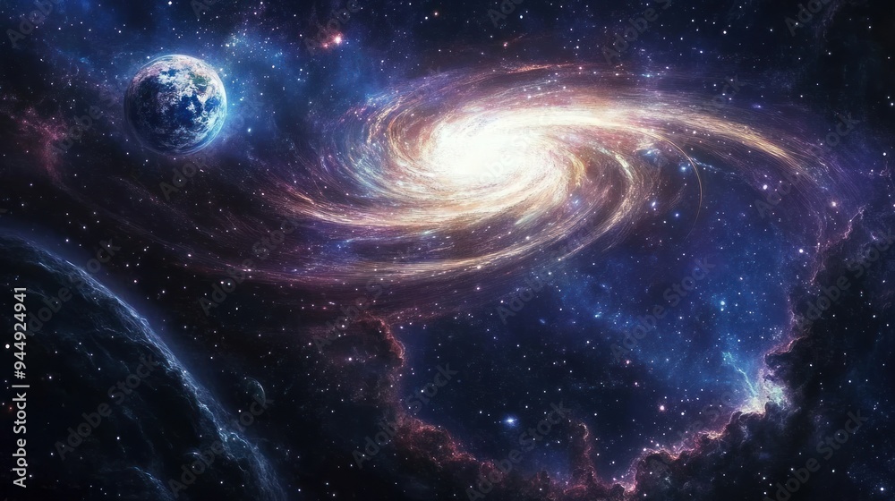 A colorful galaxy with a large planet in the middle A colorful galaxy with a large planet in the middle