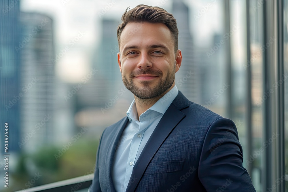 Handsome 30s top manager portrait in formal suit. Successful entrepreneur look camera. Confident business man smile. Young male businessman face. Urban city background. employee work. Office boss, ai Handsome 30s top manager portrait in formal suit. Successful entrepreneur look camera. Confident business man smile. Young male businessman face. Urban city background. employee work. Office boss, ai