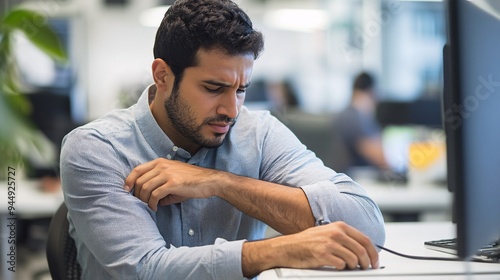 240805 239. A man touching painful elbow crease at office cubicle. Cubital fossa affected due to cubital tunnel syndrome and prolonged leaning on elbows longtime. Health and medical concept isolated photo