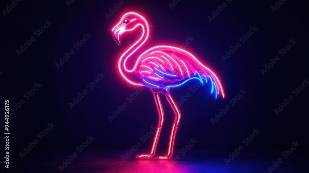 Obraz premium A neon pink flamingo is lit up in a dark room