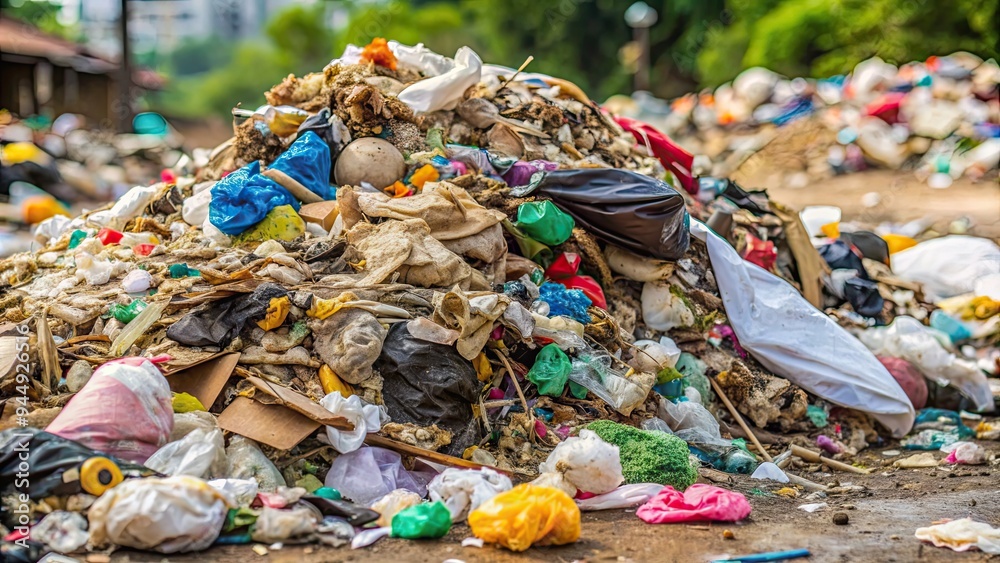 A close-up image of a messy pile of trash on the ground , garbage, pollution, environment, waste, litter, rubbish, dirty