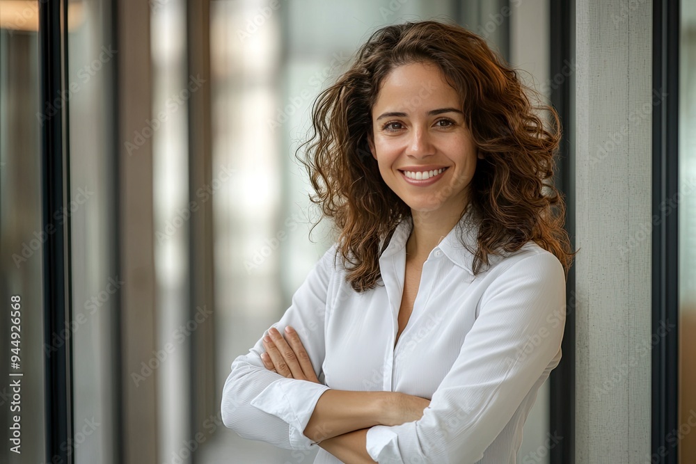Portrait of happy and successful business woman, boss in shirt smiling and looking at camera inside office with crossed arms, Hispanic woman with curly hair in corridor, ai Portrait of happy and successful business woman, boss in shirt smiling and looking at camera inside office with crossed arms, Hispanic woman with curly hair in corridor, ai