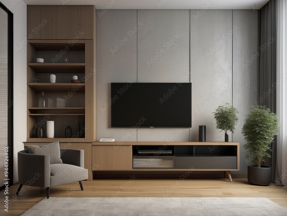 Modern Living Room with TV, Bookshelf, and Plants Modern Living Room with TV, Bookshelf, and Plants