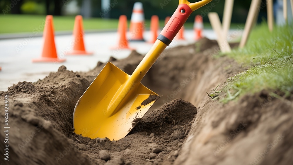 Close-Up of a Yellow Shovel in a Freshly Dug Trench Close-Up of a Yellow Shovel in a Freshly Dug Trench