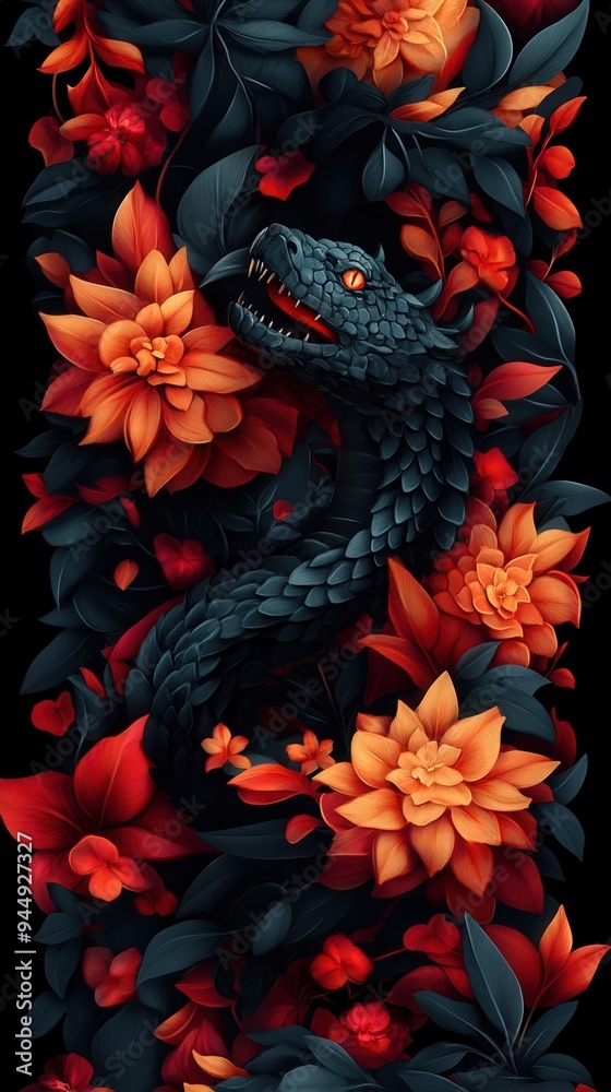 A dramatic view of a serpent entwined among vibrant flowers, blending nature's beauty with a hint of mystique. A dramatic view of a serpent entwined among vibrant flowers, blending nature's beauty with a hint of mystique.