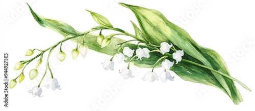 Watercolor Illustration of Lily of the Valley Isolated depiction of Lily of the Valley flower on white background Hand painted botanical artwork featuring Lily of the Valley