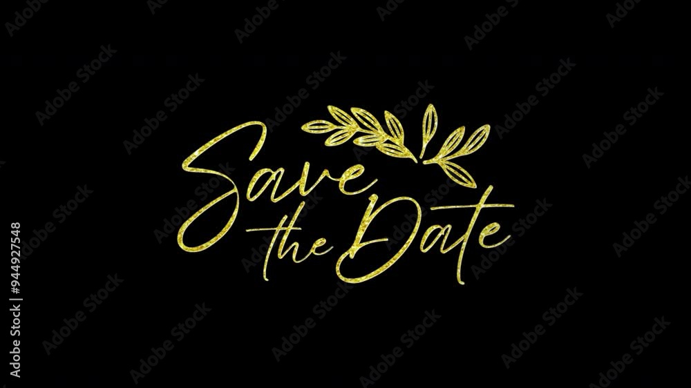 Save the date wedding invitation motion graphic with alpha channel transparent background. Golden text calligraphy vector with leaf animation