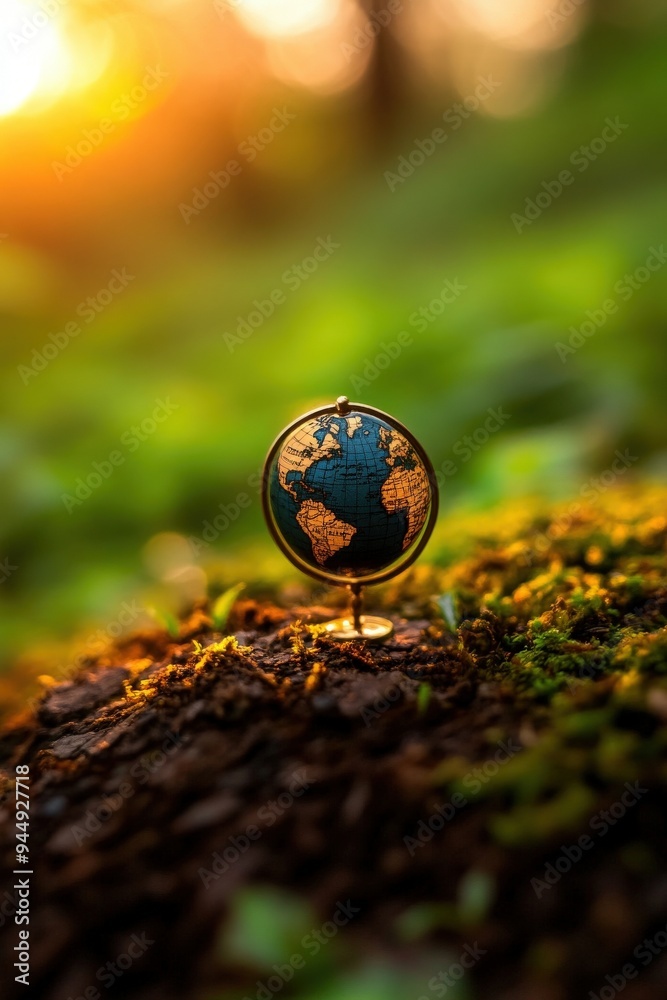 A miniature globe placed on a mossy surface, illuminated by soft sunlight, symbolizing exploration and connection to nature. A miniature globe placed on a mossy surface, illuminated by soft sunlight, symbolizing exploration and connection to nature.