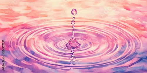 Watercolor illustration of abstract pink light rippling in water featuring concentric circles and a droplet splashing into the surface