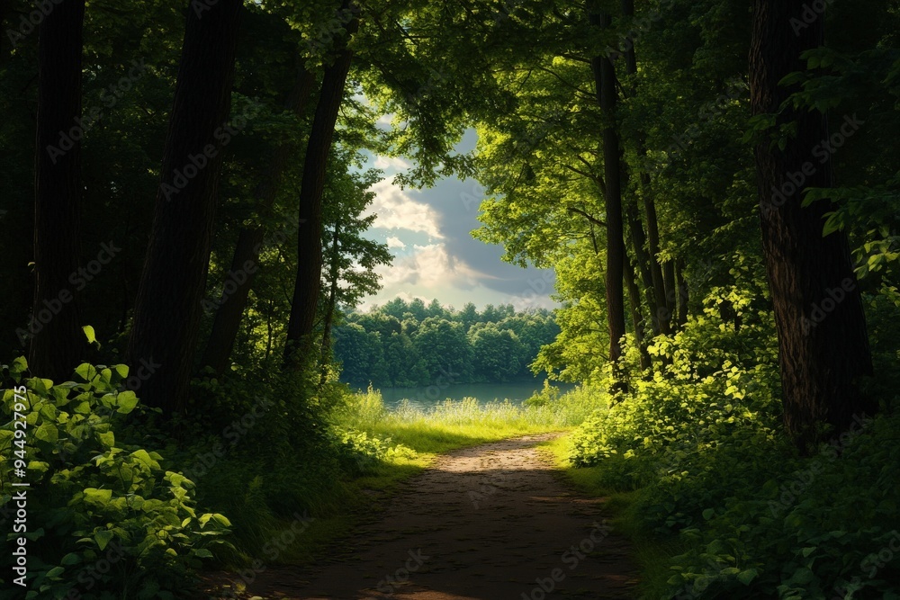 Obraz premium A serene forest path leading through lush greenery, inviting exploration into nature's tranquil beauty and peaceful ambiance.