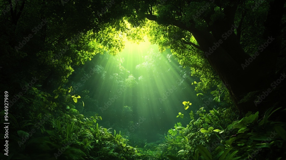 Fototapeta premium A serene forest scene illuminated by sun rays, showcasing lush greenery and a peaceful atmosphere for nature lovers.