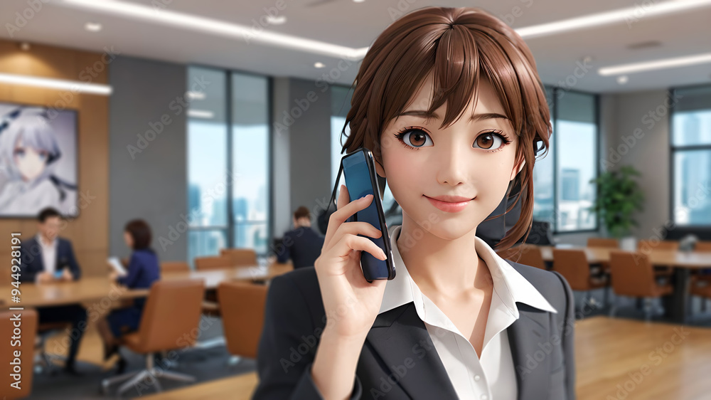 3D Anime Businesswoman Holding Phone in Office 3D Anime Businesswoman Holding Phone in Office