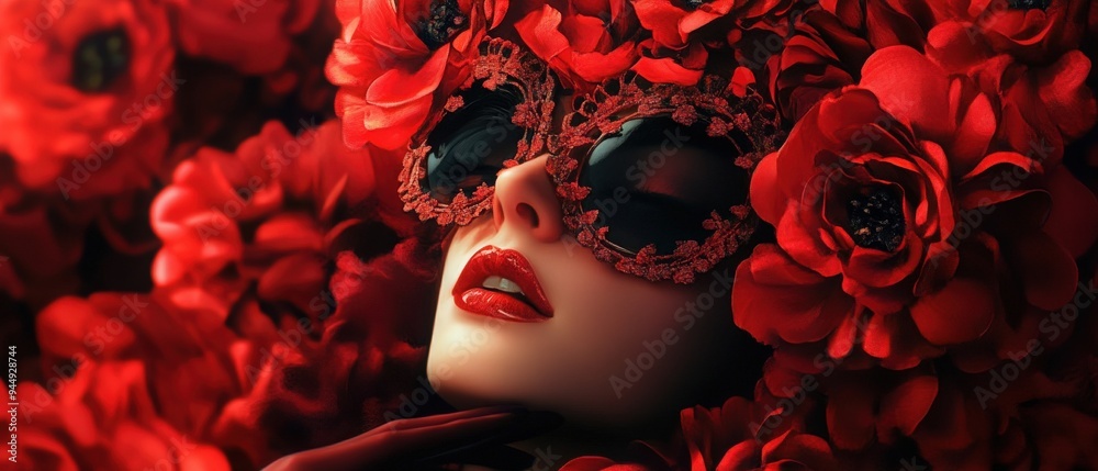 A striking portrait of a woman adorned with vibrant red flowers, exuding elegance and mystery in a floral fantasy. A striking portrait of a woman adorned with vibrant red flowers, exuding elegance and mystery in a floral fantasy.