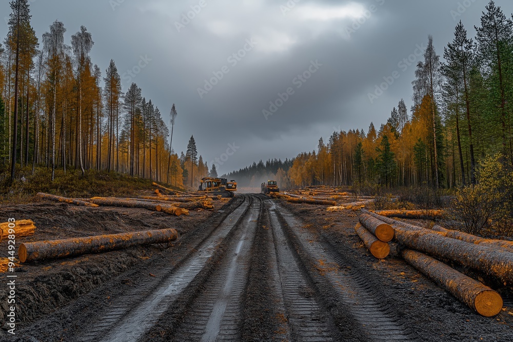 Fototapeta premium Forestry machines working on clearing forest for timber harvesting