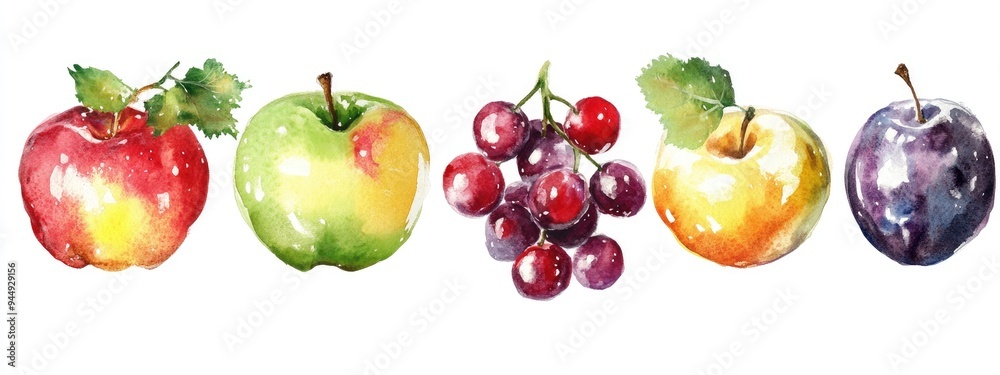 Watercolor illustration of various fruits including apple grape cherry and plum Watercolor illustration of various fruits including apple grape cherry and plum