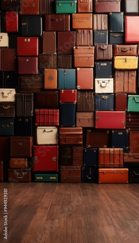 A vibrant collection of vintage suitcases arranged in a captivating wall display, showcasing various colors and textures.