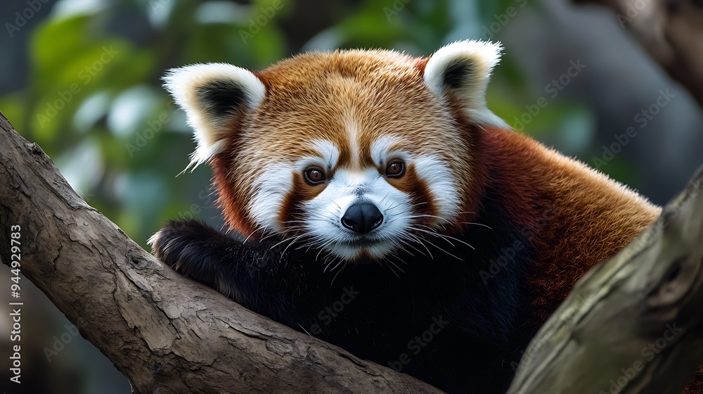 Tranquil Red Panda Resting in Tree's Embrace with Half-Closed Eyes Tranquil Red Panda Resting in Tree's Embrace with Half-Closed Eyes