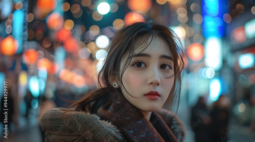 A Korean model dressed in trendy street fashion, posing in front of Seoul's lively cityscape. The background features colorful lights, busy pedestrians, A Korean model dressed in trendy street fashion, posing in front of Seoul's lively cityscape. The background features colorful lights, busy pedestrians,