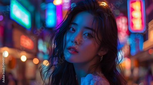 A Korean model posing in the neon glow of Seoul's nightlife, with vibrant lights and bustling streets creating an energetic urban backdrop.