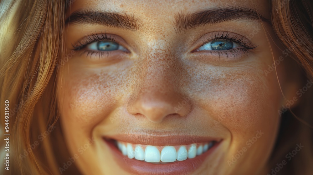 Close-Up of a Smiling Young Woman with Freckles, Bright Blue Eyes, and Natural Sun-Kissed Skin, Radiating Joy and Confidence in Soft Warm Light Close-Up of a Smiling Young Woman with Freckles, Bright Blue Eyes, and Natural Sun-Kissed Skin, Radiating Joy and Confidence in Soft Warm Light