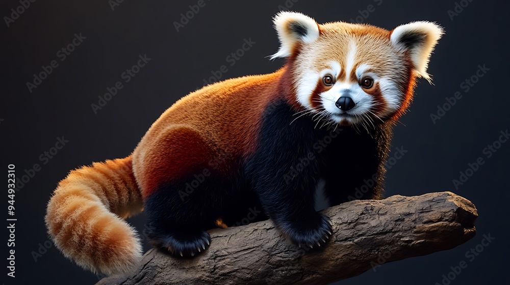 Obraz premium Serene Red Panda Perched on Branch with Tail, Contemplative Wildlife Moment