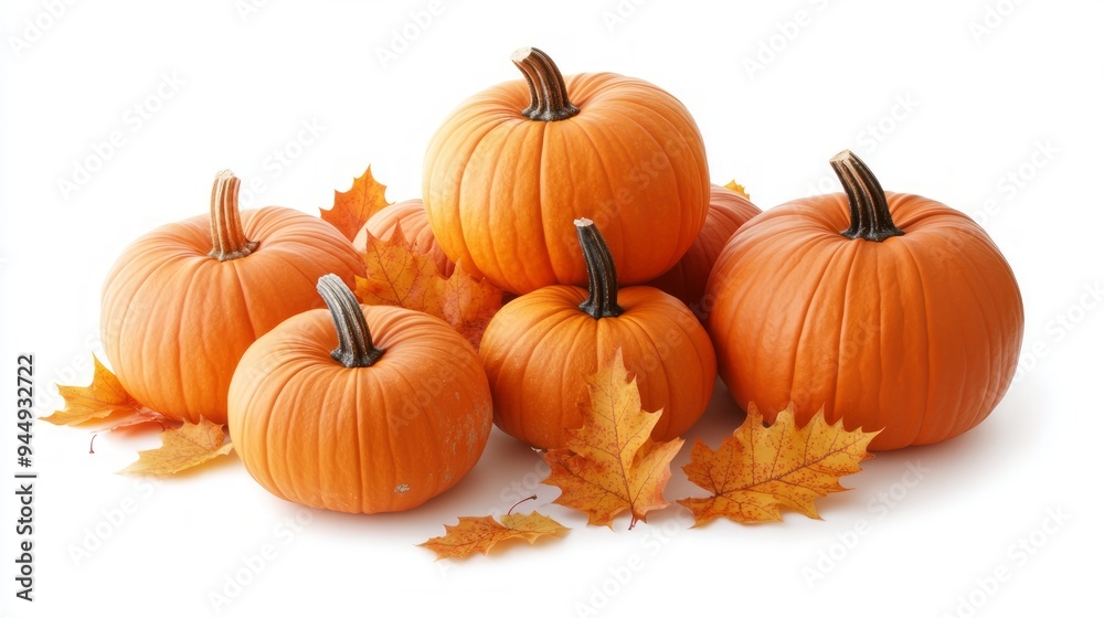 A bunch of pumpkins and leaves are arranged isolated on a white background. The pumpkins are of different sizes and are placed in various positions, while the leaves are scattered around them A bunch of pumpkins and leaves are arranged isolated on a white background. The pumpkins are of different sizes and are placed in various positions, while the leaves are scattered around them