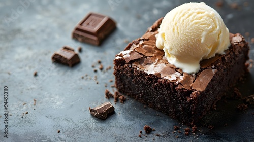 Indulgent Chocolate Brownie with a Scoop of Creamy Vanilla Ice Cream   A Decadent Dessert Treat for the Senses photo