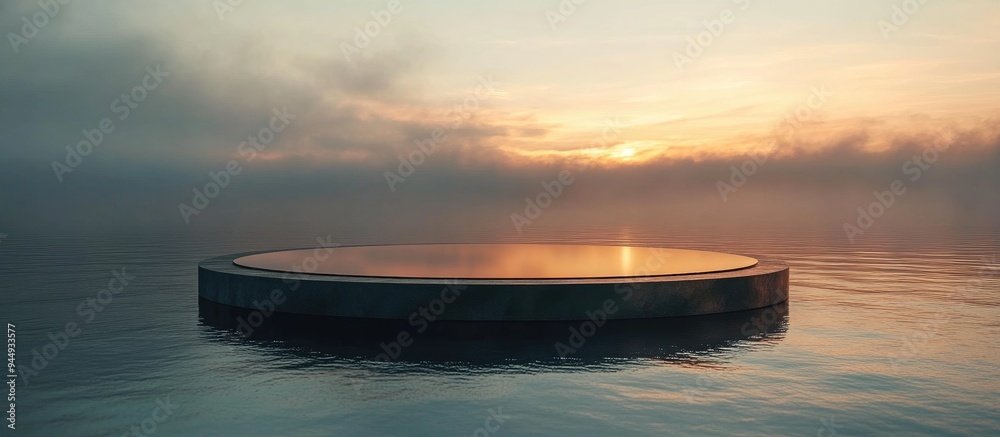 3D rendered round platform on water featuring glass wall panels Minimalistic landscape mockup for product display banner in dark golden hues Contemporary promotional mockup Geometric backdrop with