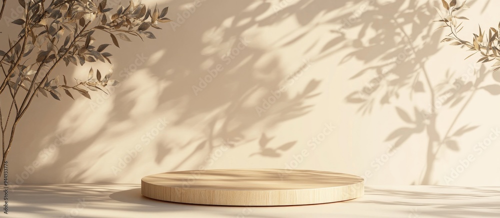 3D backdrop featuring a wooden podium display Natural beige banner with shadows Product showcase for beauty cosmetics on a nature inspired wooden stand Empty studio setting in a minimal 3D render