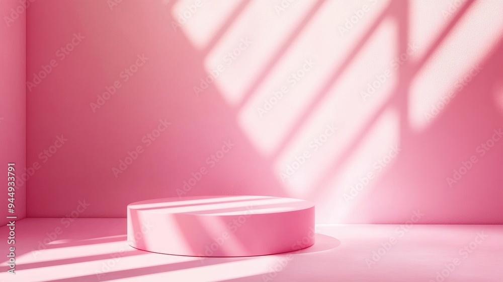 3D abstract studio space featuring a pedestal or stand podium Soft pink geometric platform enhanced by lighting and shadows creating a minimalist wall scene suitable for showcasing cosmetic produc 3D abstract studio space featuring a pedestal or stand podium Soft pink geometric platform enhanced by lighting and shadows creating a minimalist wall scene suitable for showcasing cosmetic produc