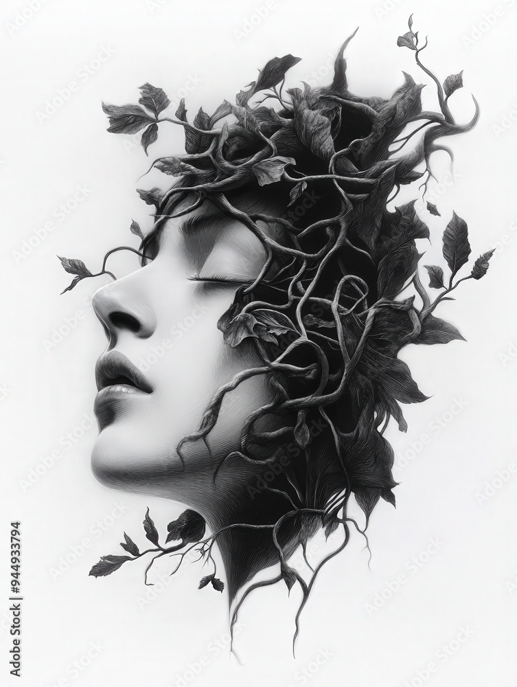 Fototapeta premium A captivating fusion of human form and nature, showcasing intricate vines entwined around a serene face.