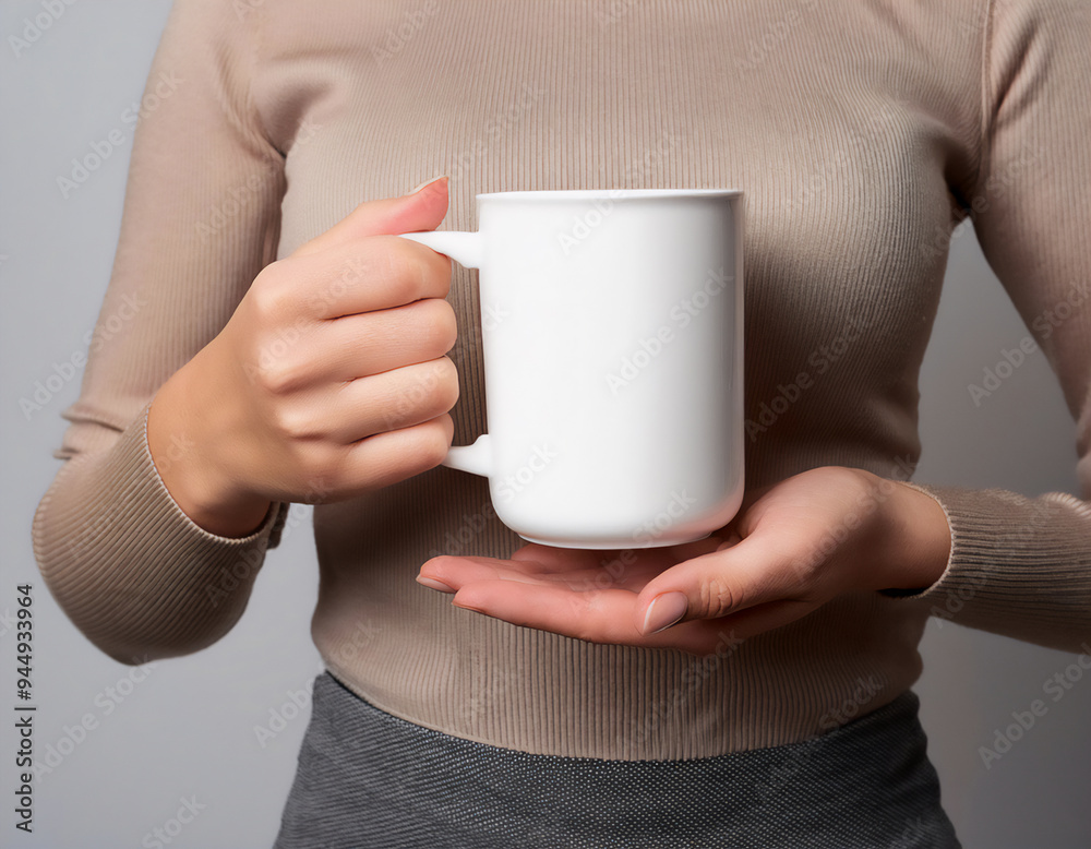 A Mockup Coffee cup white, female holding the cup on the palm of her hand closeup A Mockup Coffee cup white, female holding the cup on the palm of her hand closeup