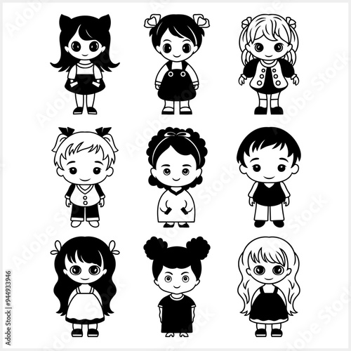 Cute Anime girl and boy isolated. Manga style. Hand drawn vector illustration